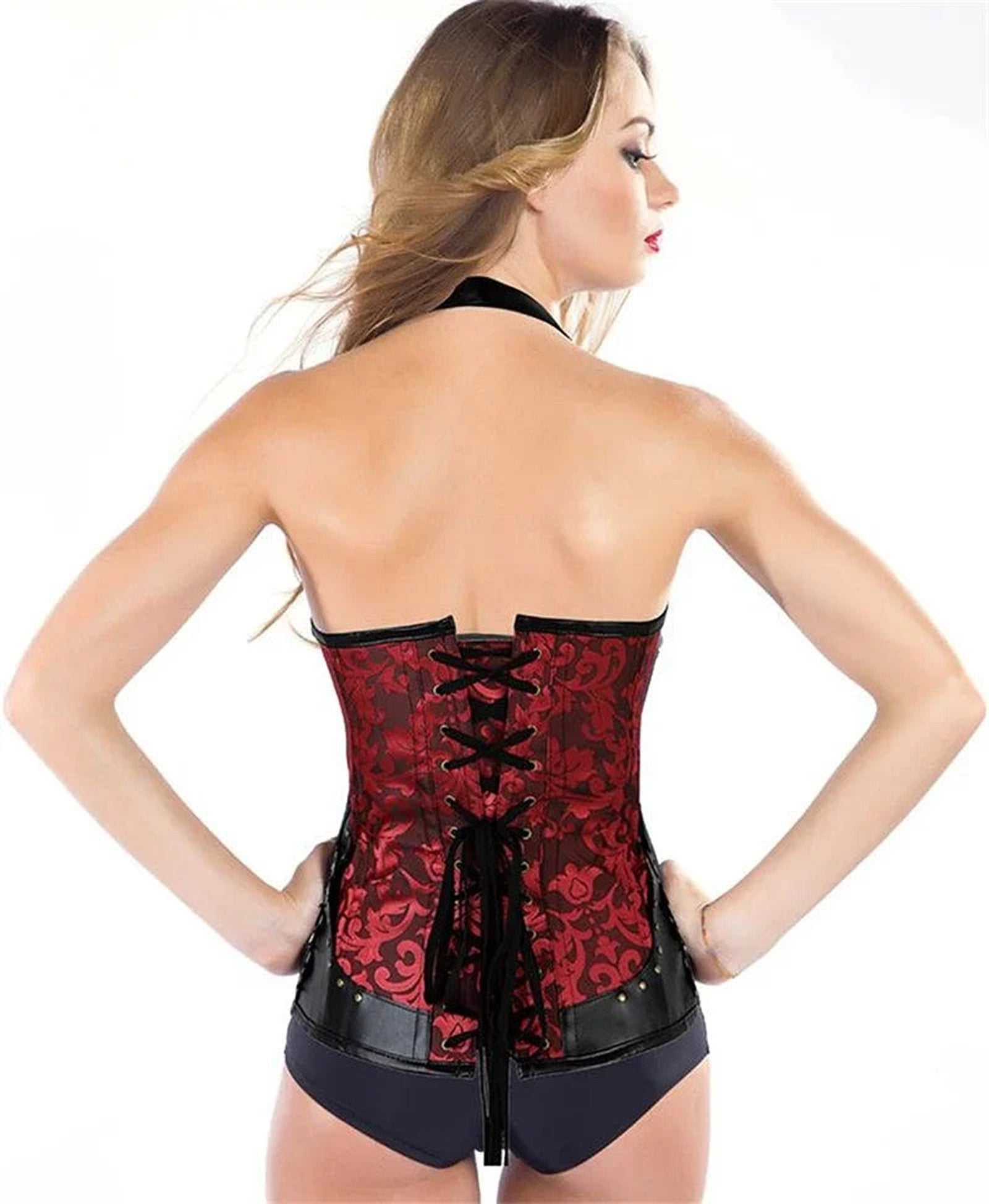 Elegant red steampunk corset top for women featuring a lace-up back design and intricate pattern