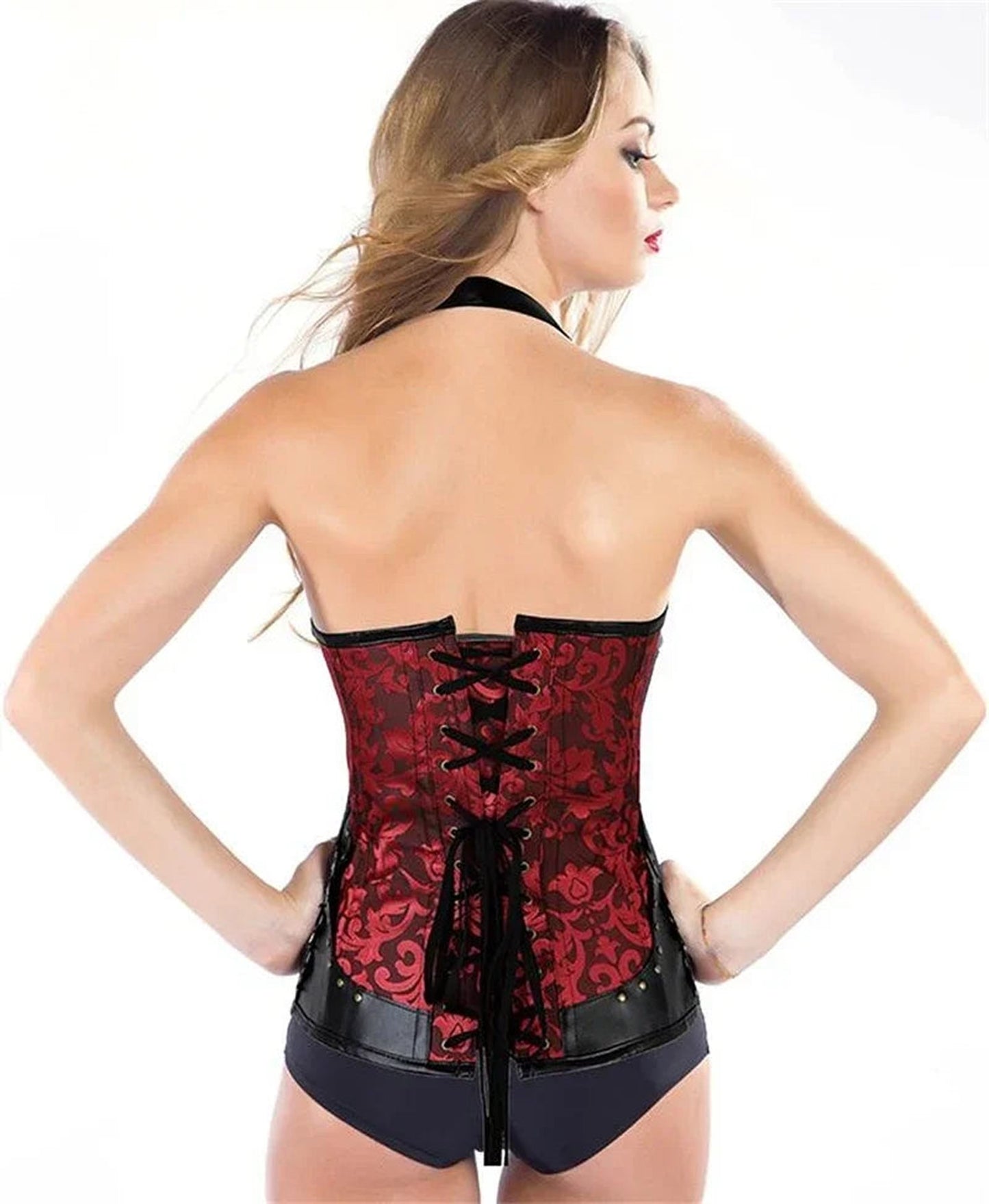 Elegant red steampunk corset top for women with intricate lace-up back and stylish design