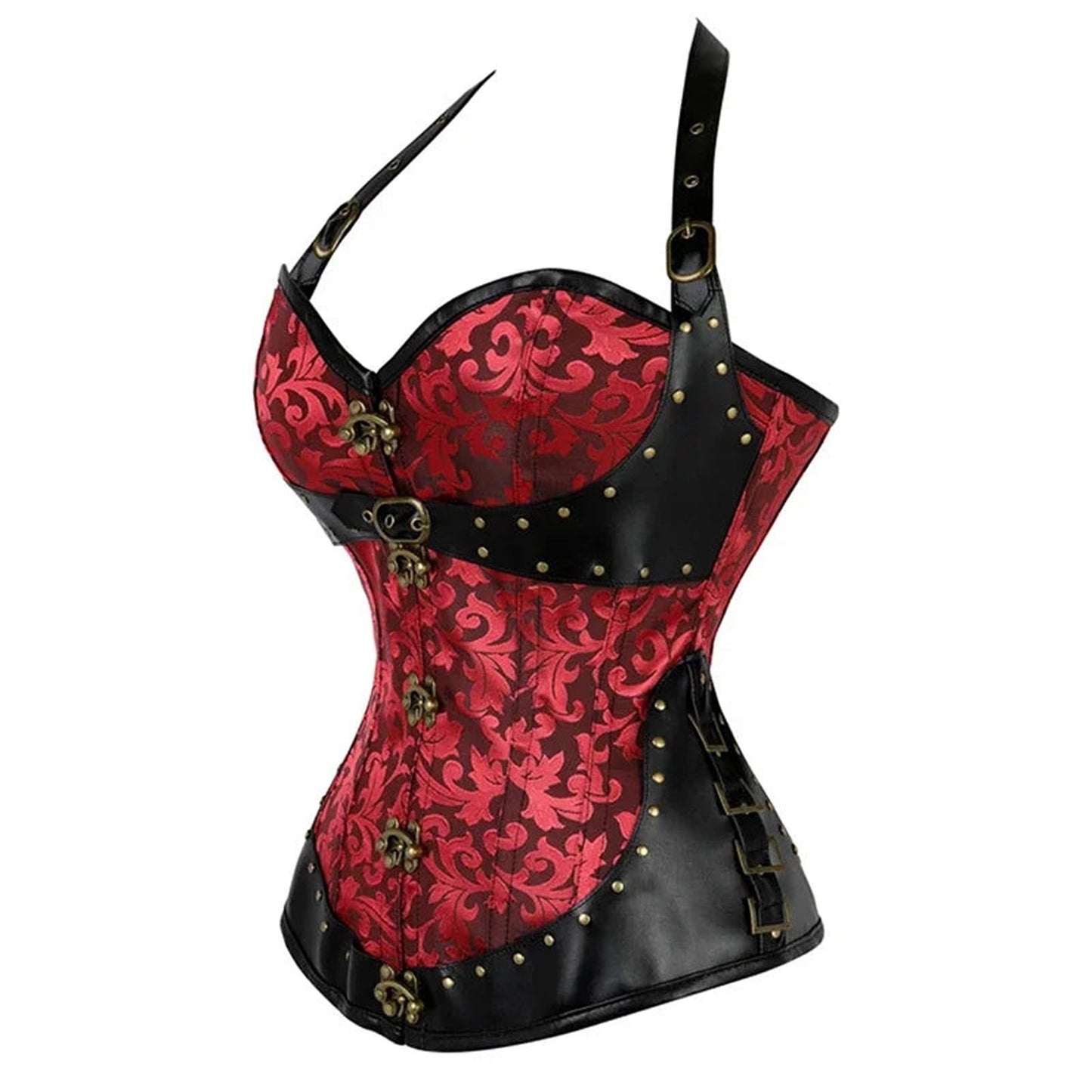 LuckeLadybug LLC Steampunk Corset Top for Women in Red and Black with Decorative Buttons and Straps