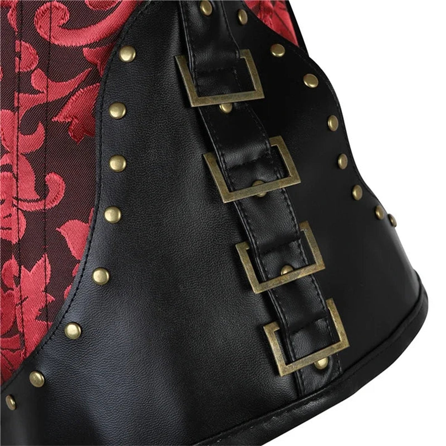 Steampunk corset top for women featuring black leather and decorative brass buckle details