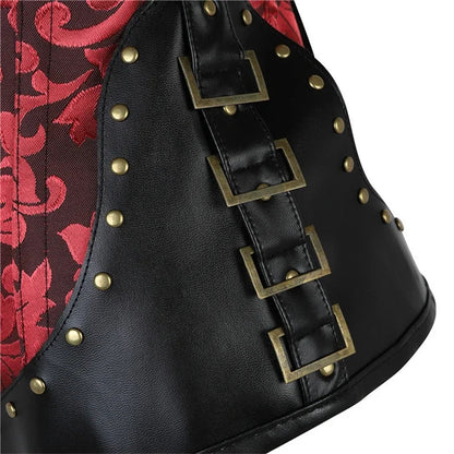 Steampunk corset top for women featuring black leather and decorative brass buckle details