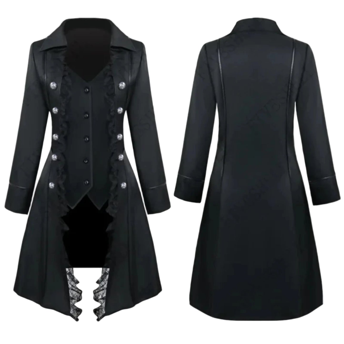 Elegant black steampunk gothic tailcoat for women with ruffled details and stylish buttons