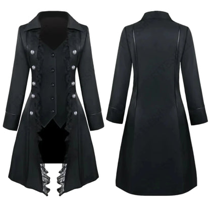 Elegant black steampunk gothic tailcoat for women with ruffled details and stylish buttons