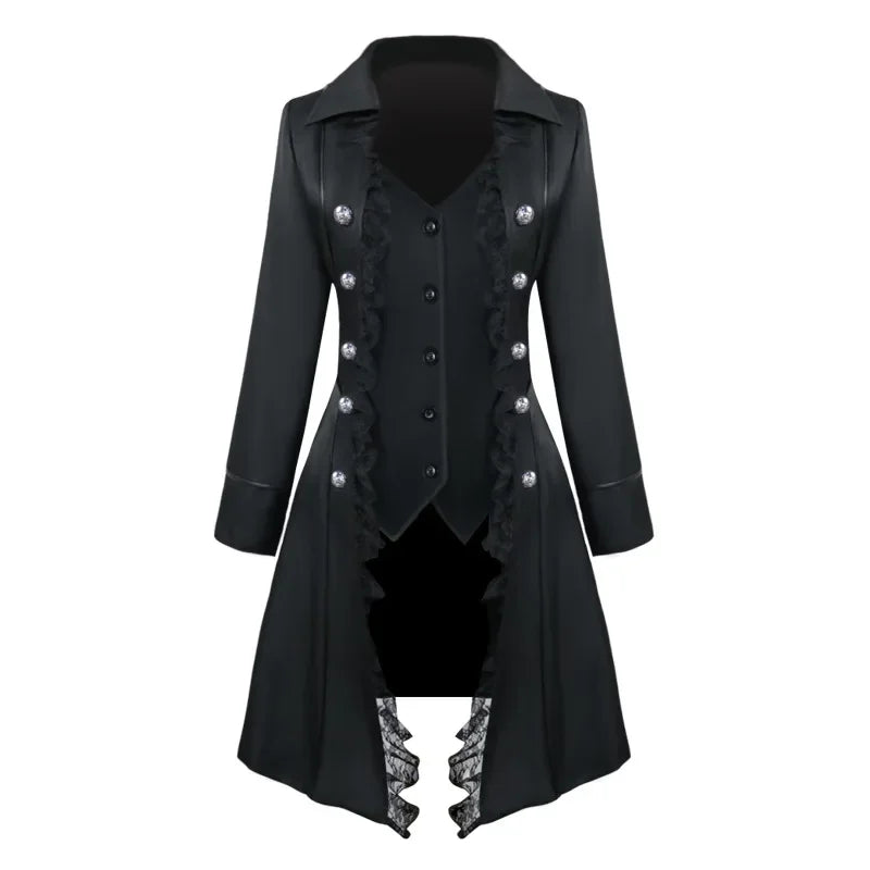 Elegant steampunk gothic tailcoat for women featuring lace details and silver buttons