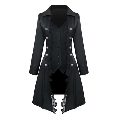 Elegant steampunk gothic tailcoat for women featuring lace details and silver buttons