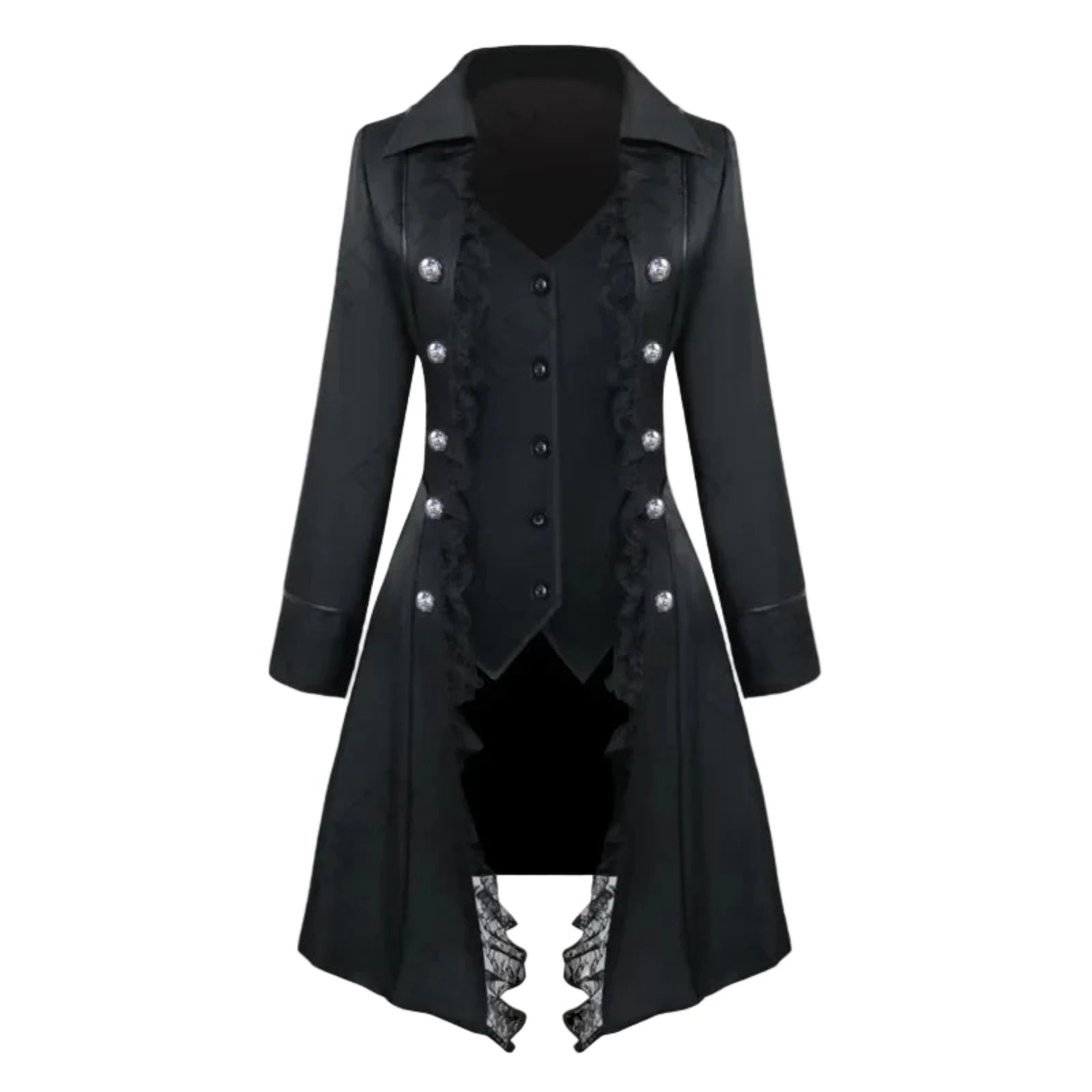 Elegant black steampunk gothic tailcoat for women featuring ruffled details and silver buttons