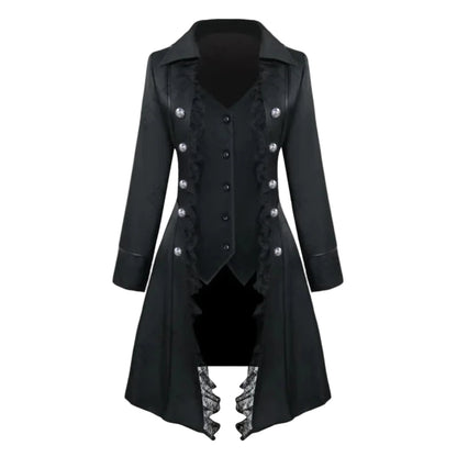 Elegant black steampunk gothic tailcoat for women featuring ruffled details and silver buttons