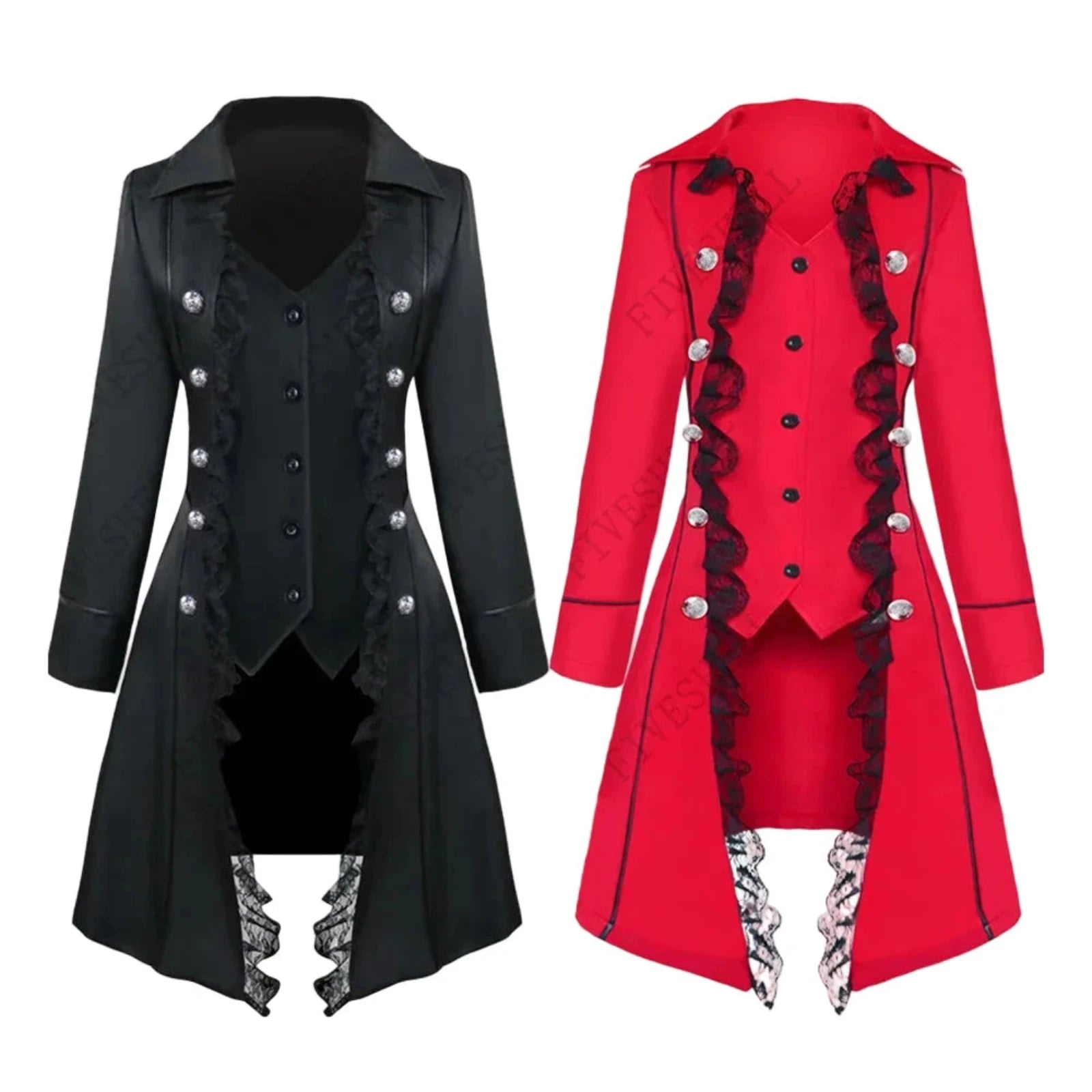Steampunk gothic tailcoat for women in black and red with ruffles and decorative buttons