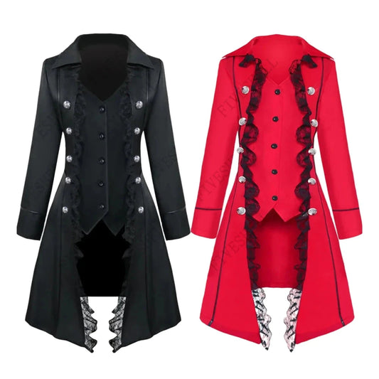 Steampunk gothic tailcoat for women in black and red with ruffles and decorative buttons