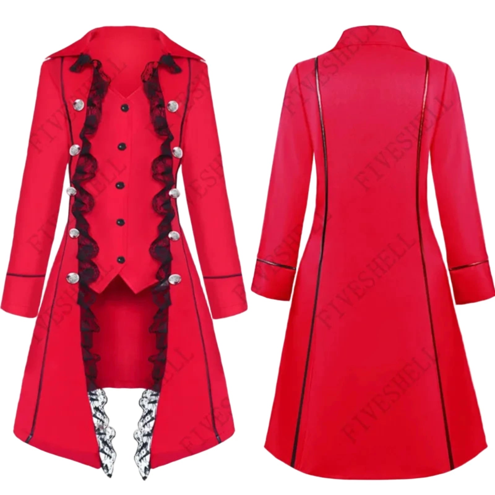 Red steampunk gothic tailcoat for women with lace trim and stylish button details