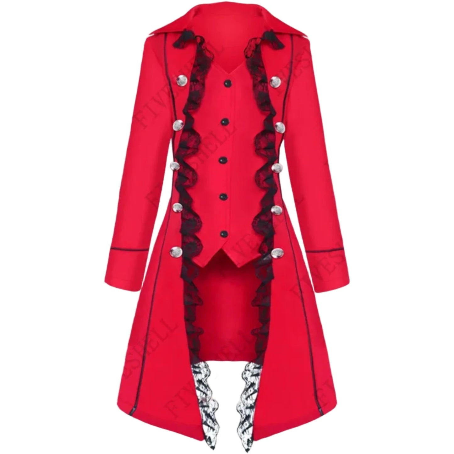 Red LuckeLadybug steampunk gothic tailcoat for women with lace detailing and button accents