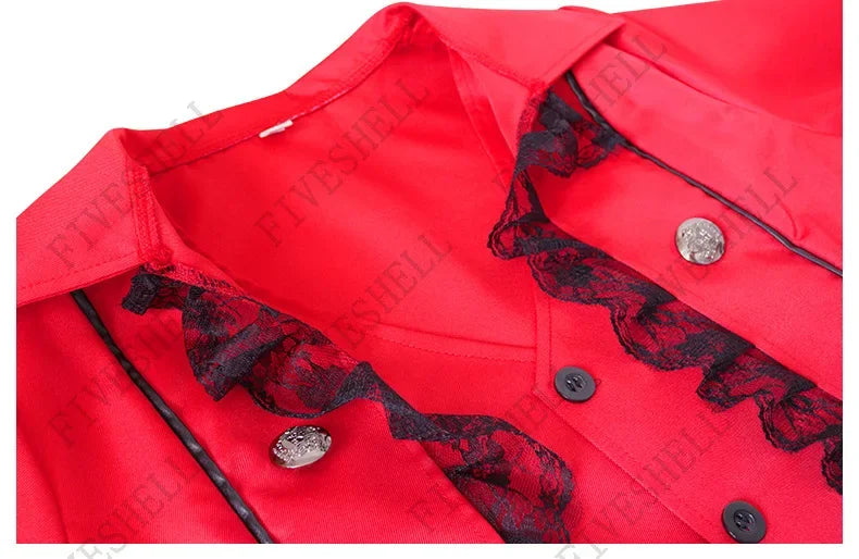 Close-up of a red steampunk gothic tailcoat for women featuring lace details and decorative buttons