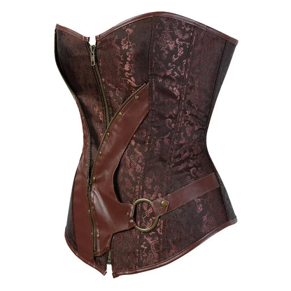 Steampunk overbust corset for women with intricate detailing and a stylish zip closure
