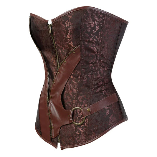 Steampunk overbust corset for women with intricate detailing and a stylish zip closure