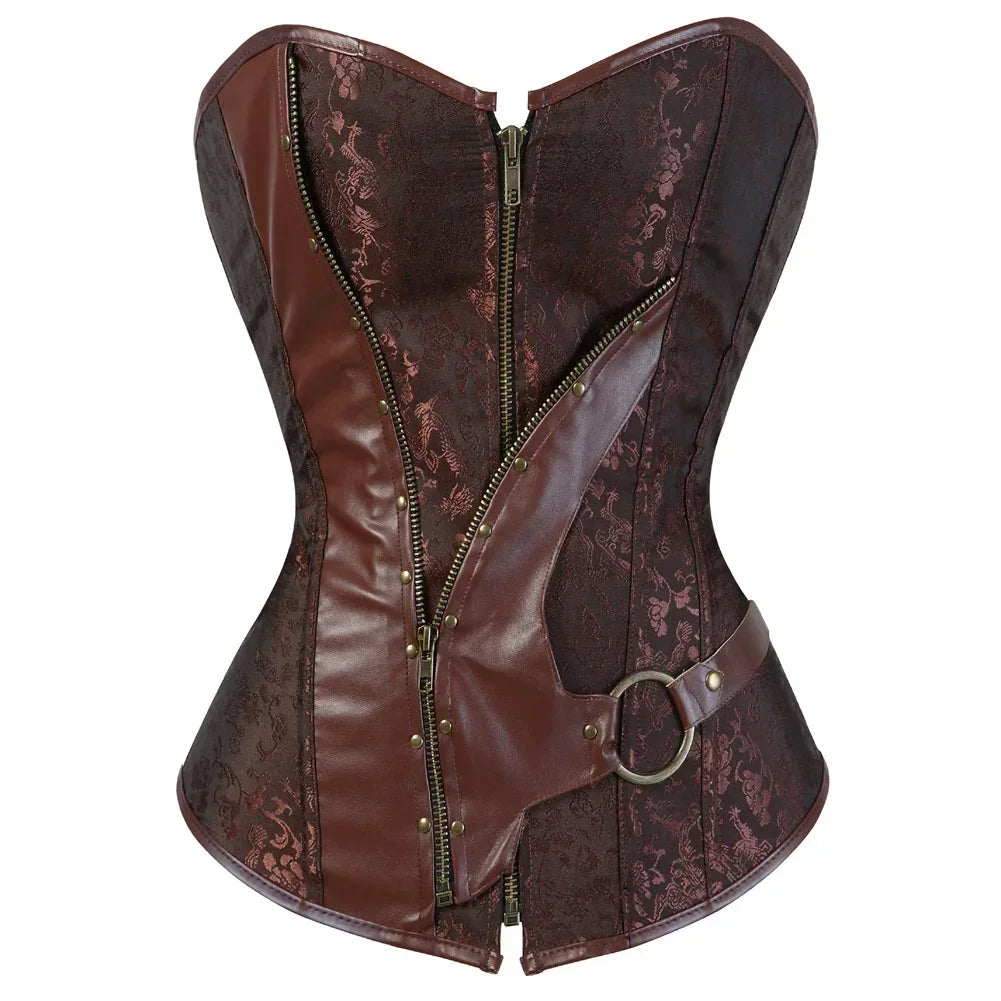 Vintage-inspired steampunk overbust corset for women with intricate design and bold zipper accents