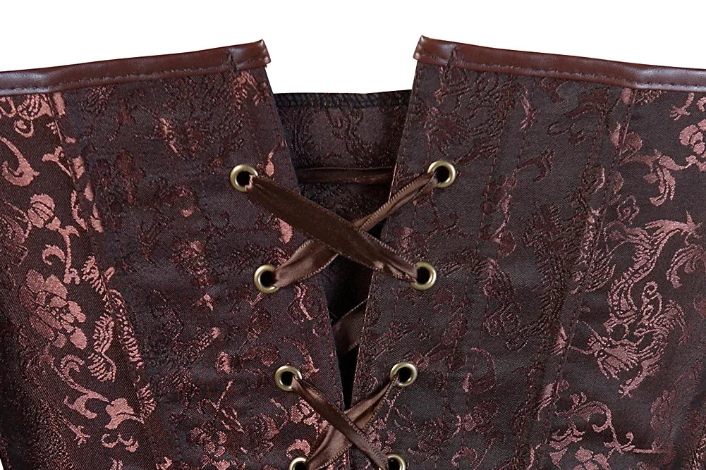 Detailed view of a steampunk overbust corset for women featuring intricate floral patterns and lace-up design