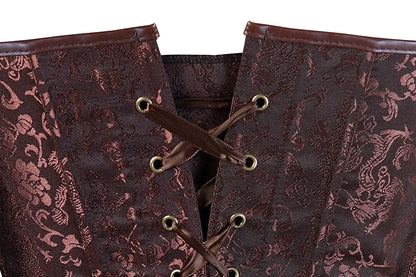 Detailed view of a steampunk overbust corset for women featuring intricate floral patterns and lace-up design