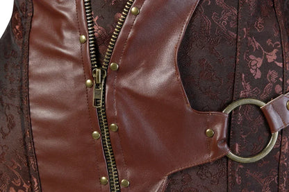 Detail of LuckeLadybug LLC steampunk overbust corset for women featuring intricate patterns and a zip closure