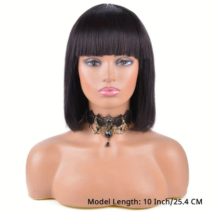 Straight bob human hair wig with bangs in 10 inch length for a stylish look