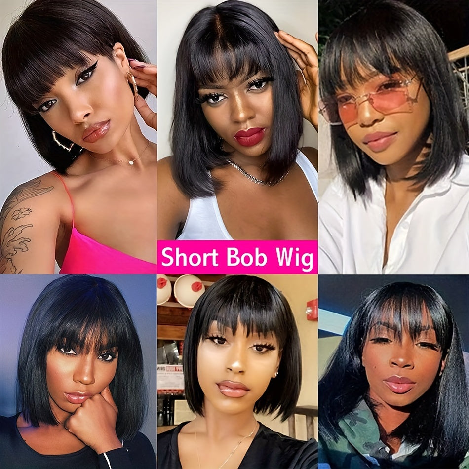 Straight bob human hair wig with bangs featured in various stylish looks on different models