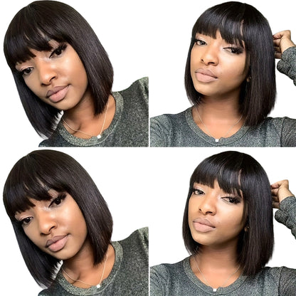 Straight bob human hair wig with bangs shown from different angles for a stylish look
