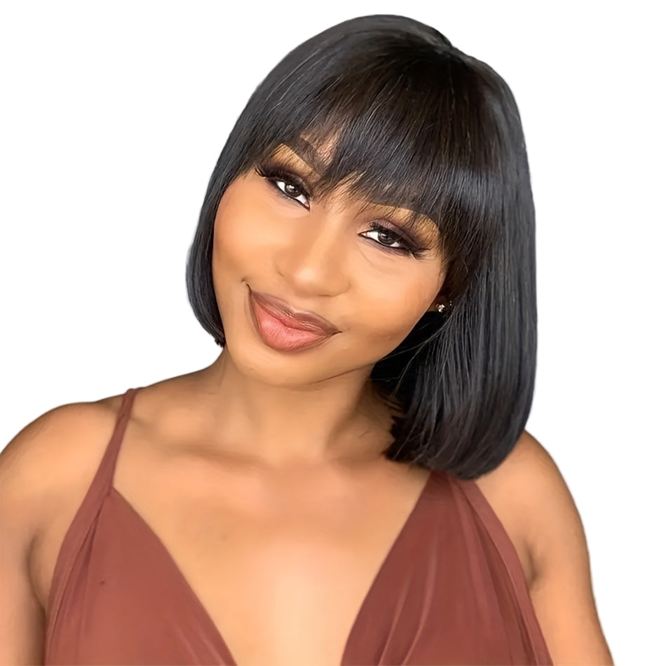 Straight bob human hair wig with bangs in a stylish look, perfect for everyday wear