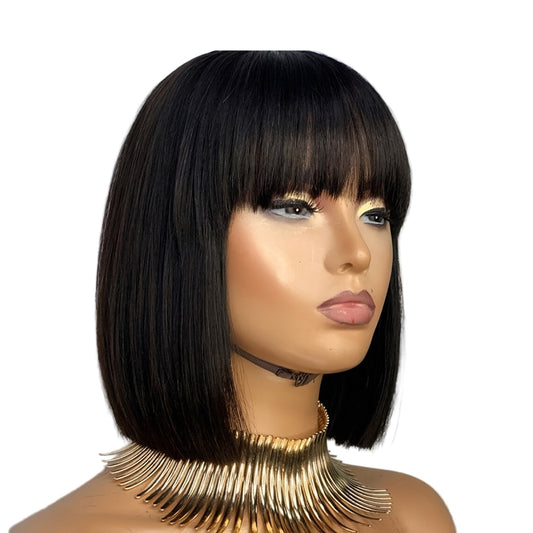 Straight bob human hair wig with bangs, featuring a sleek design and natural look for stylish appearances