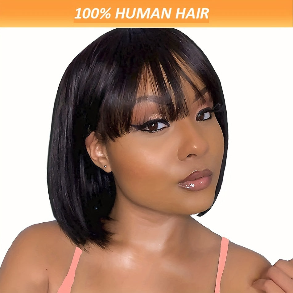 LuckeLadybug LLC straight bob human hair wig with bangs for a chic and stylish look