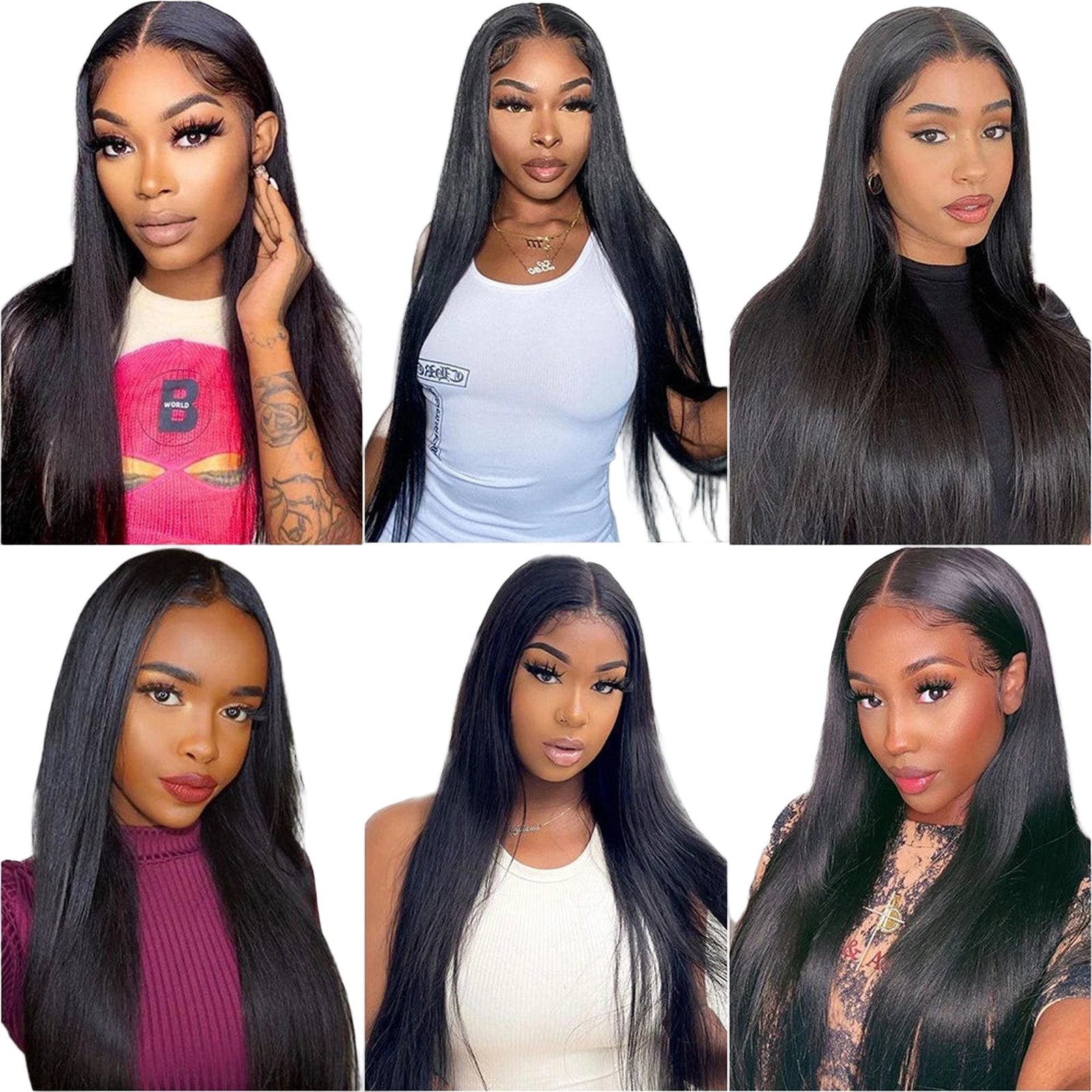 Long straight human hair bundles by LuckeLadybug LLC displayed on multiple models showcasing sleek hairstyles