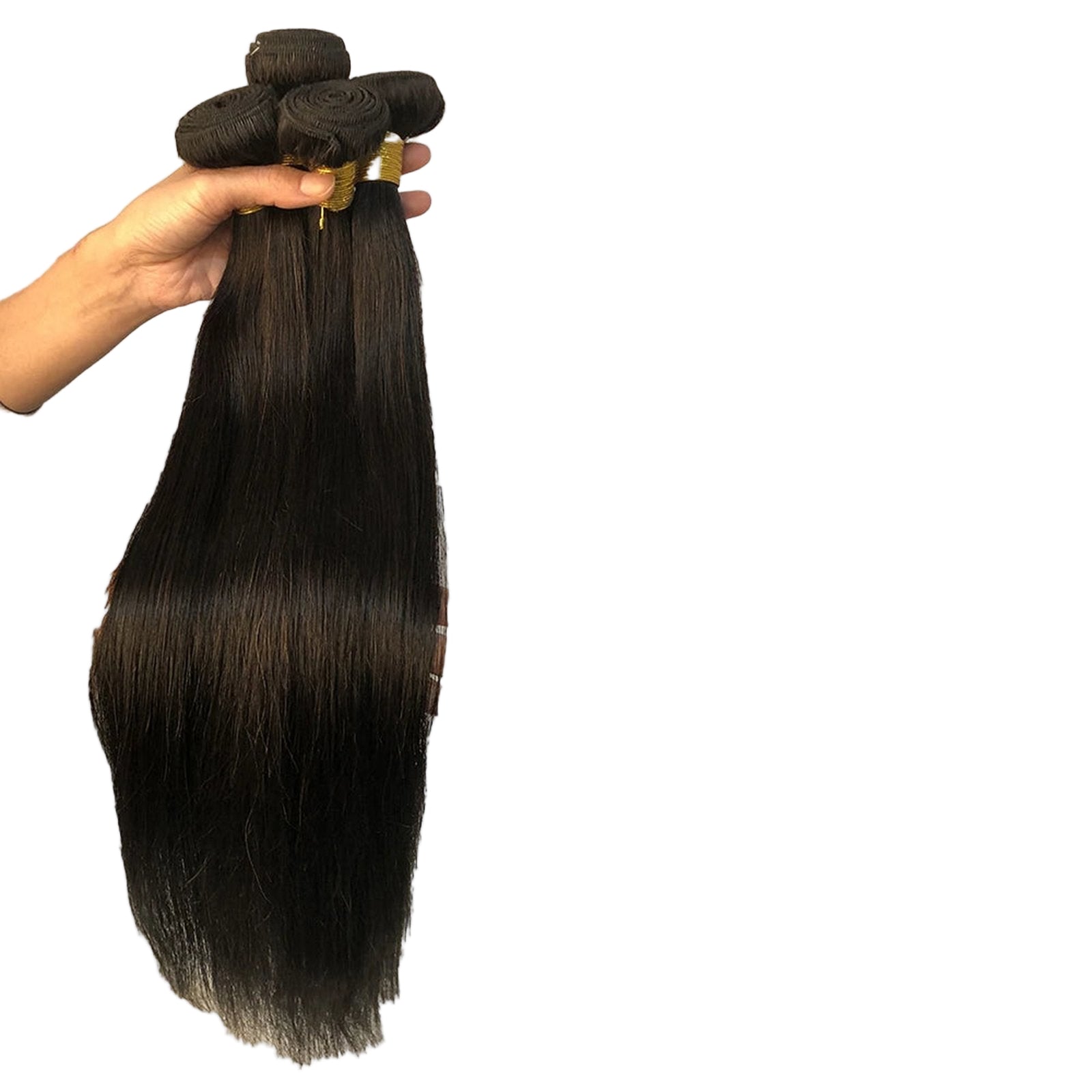 Long straight human hair bundles in dark brown held by a hand for stylish hair extensions