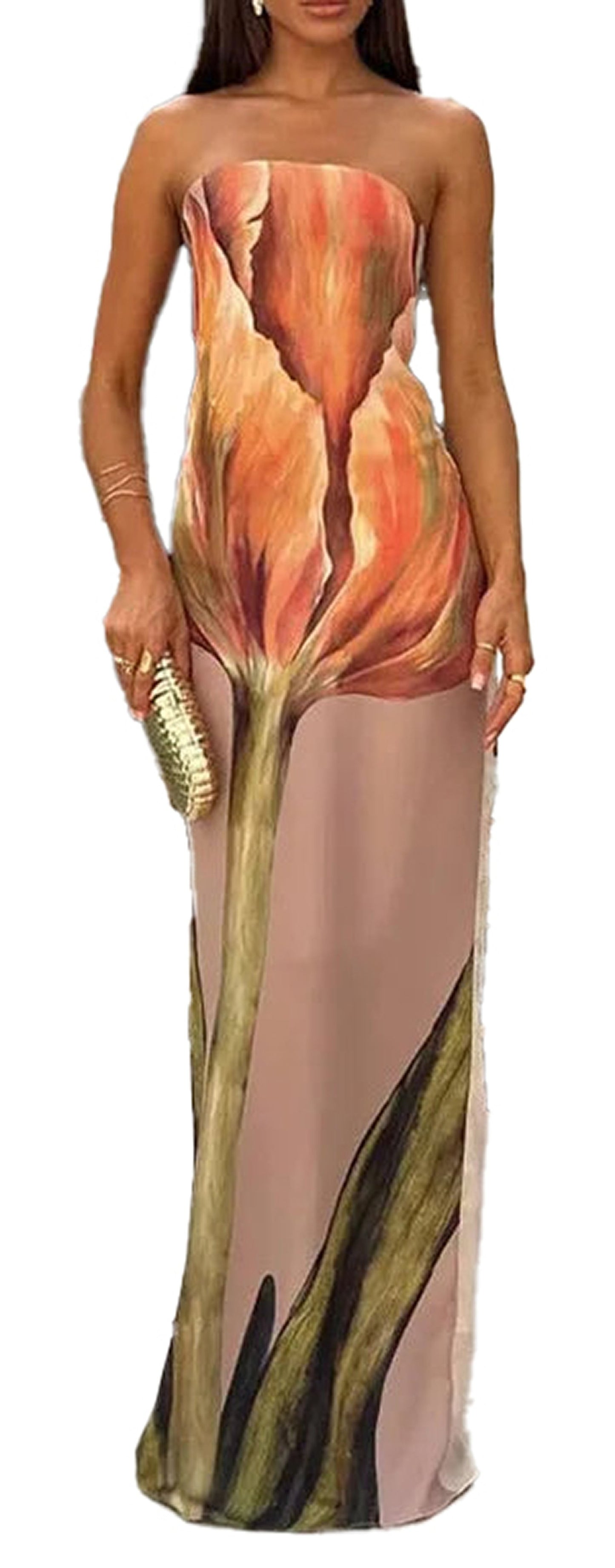 Elegant strapless backless summer dress with floral design for warm weather occasions