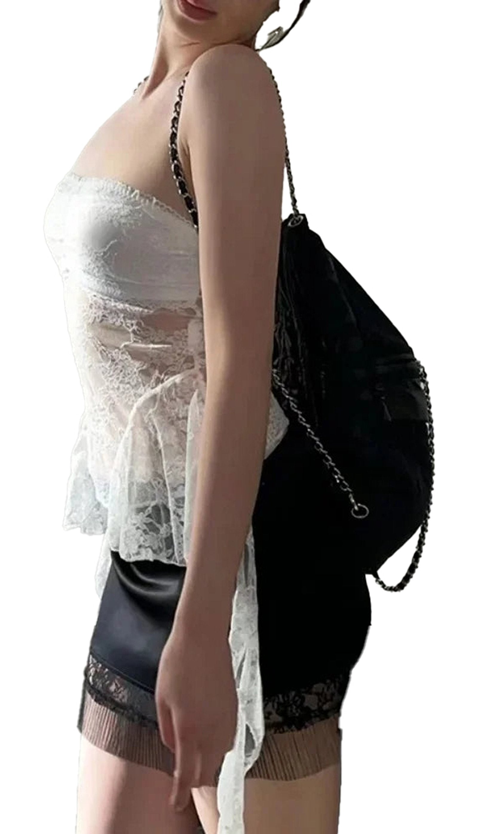 LuckeLadybug LLC strapless lace corset top in white with a peplum design, paired with a mini skirt