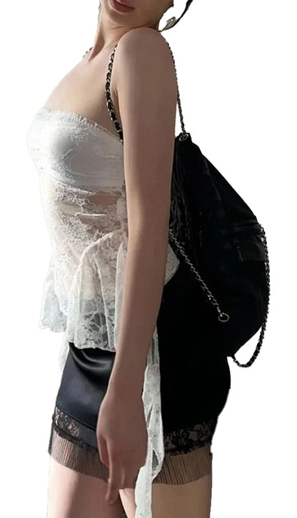 LuckeLadybug LLC strapless lace corset top in white with a peplum design, paired with a mini skirt