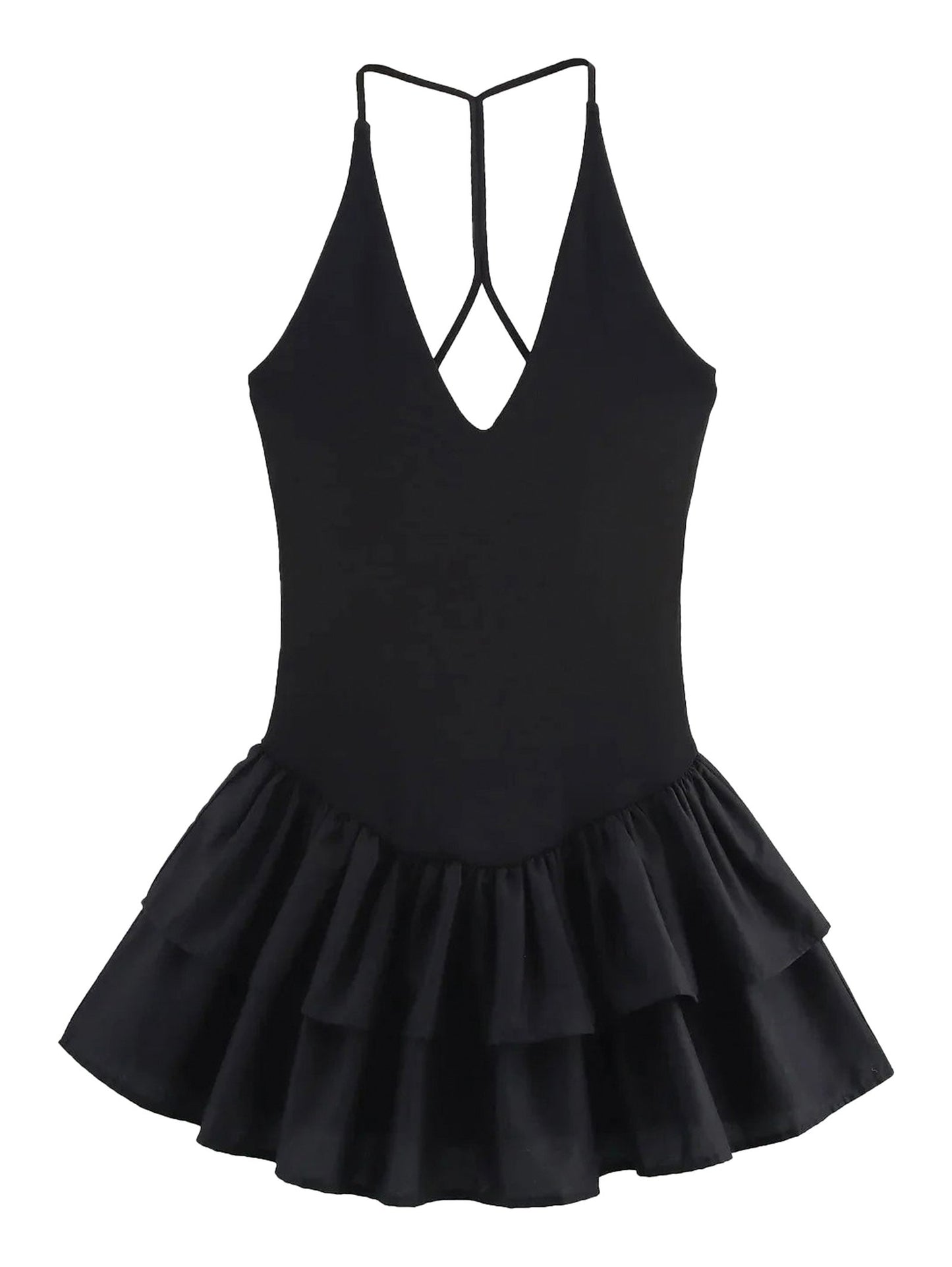 LuckeLadybug LLC strapless party mini dress for women in black with layered ruffle skirt