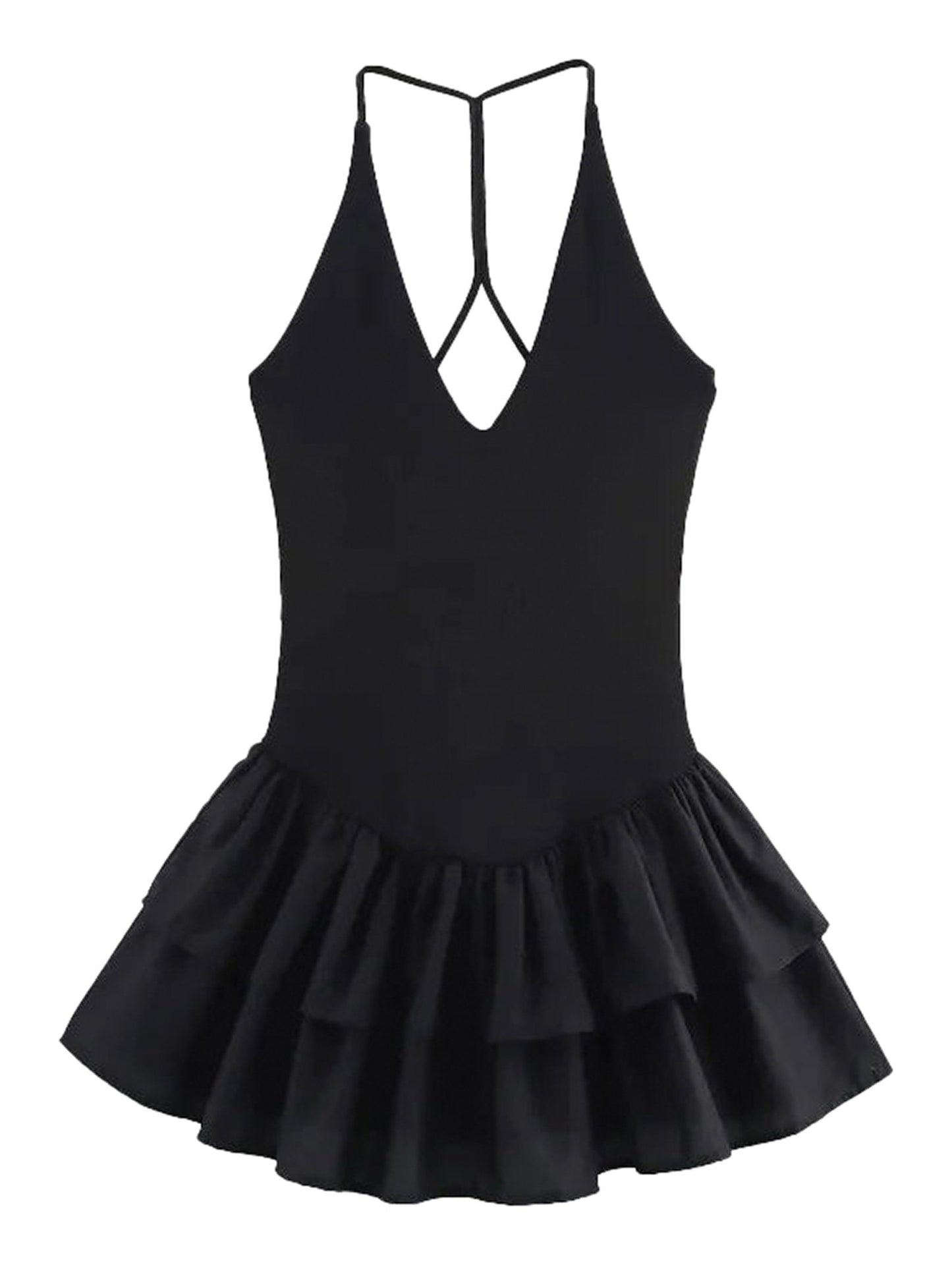 LuckeLadybug LLC strapless party mini dress for women in black with flared ruffles and a V-cut back