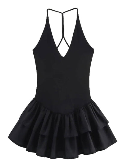 LuckeLadybug LLC strapless party mini dress for women in black with flared ruffles and a V-cut back