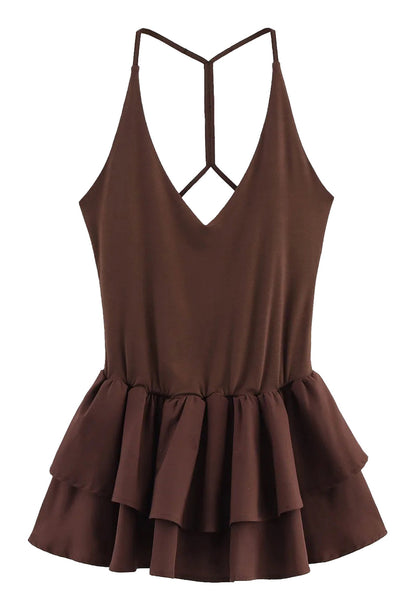 LuckeLadybug LLC strapless party mini dress for women in brown with ruffled hem and adjustable straps