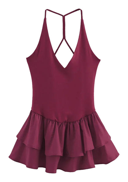 Elegant burgundy strapless party mini dress for women with layered ruffle hem and crisscross straps