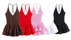 Five colorful strapless party mini dresses for women with flared skirts in various shades
