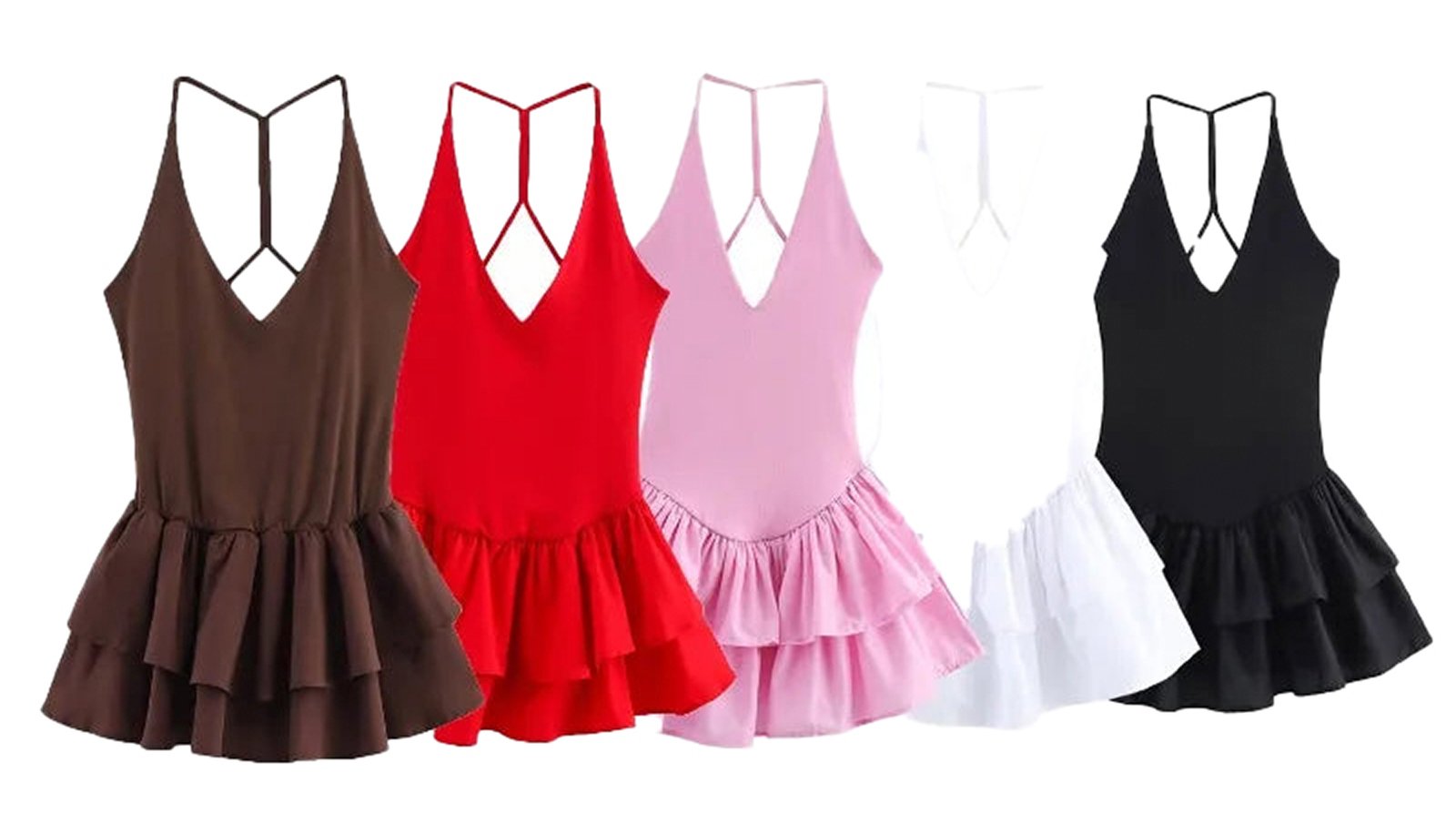 Five colorful strapless party mini dresses for women with flared skirts in various shades