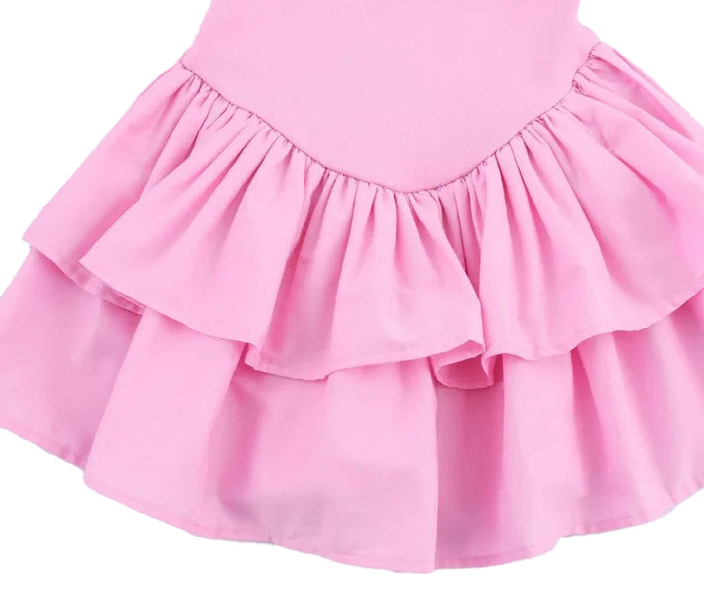 Light pink ruffled hem details of a strapless party mini dress for women by LuckeLadybug LLC