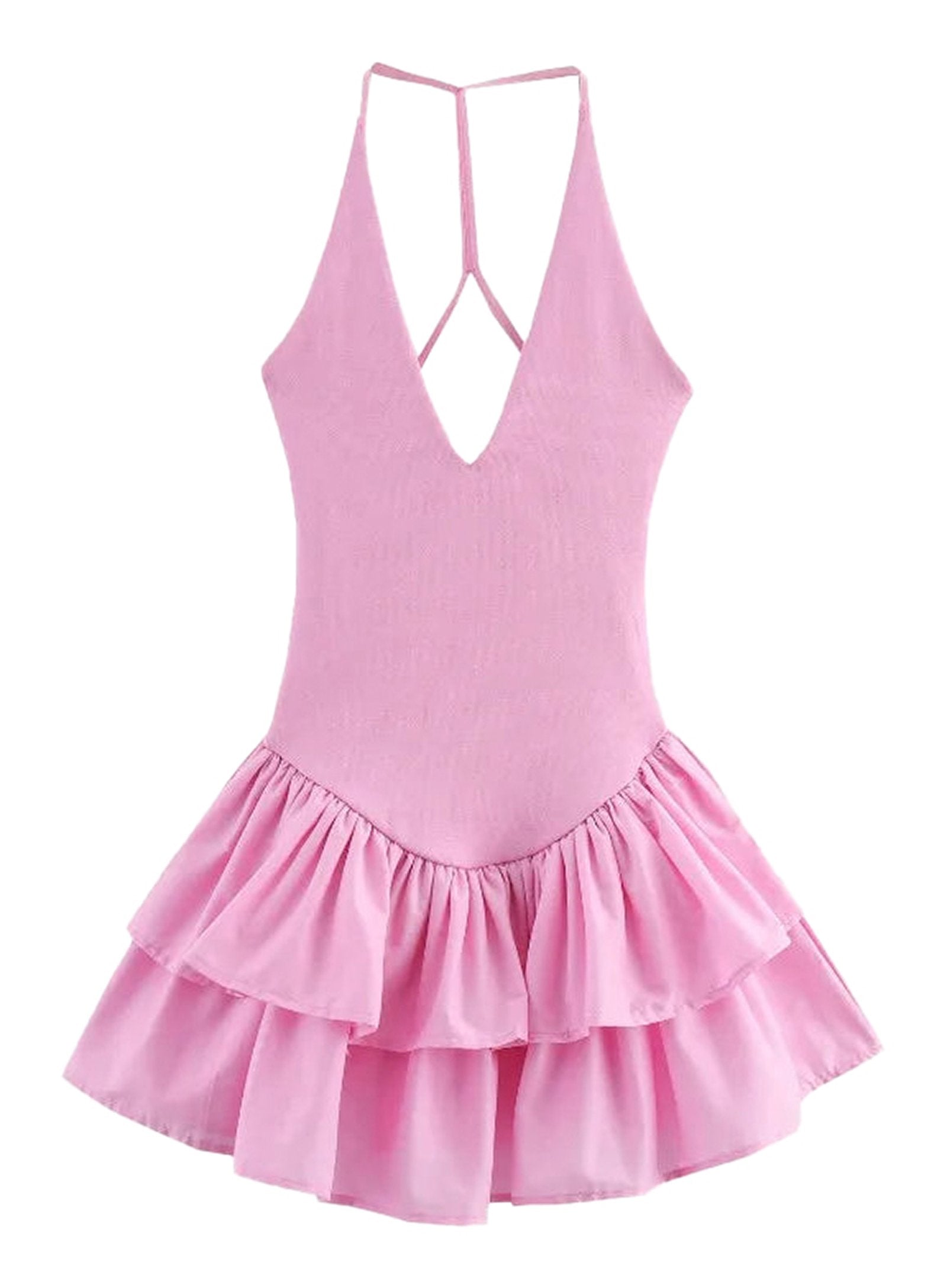 LuckeLadybug LLC strapless party mini dress for women in pink with a flared ruffled hem