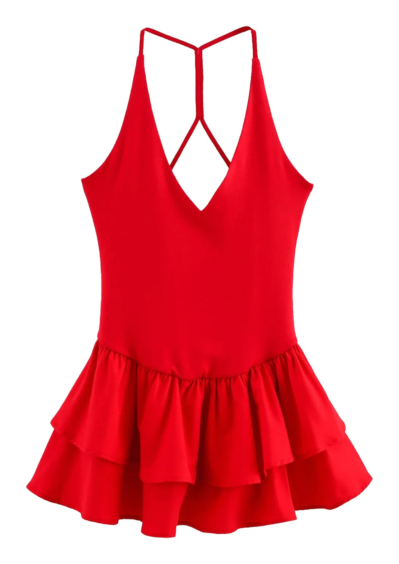 Bright red strapless party mini dress for women with ruffled hem and stylish back straps