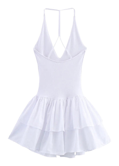 LuckeLadybug LLC Strapless party mini dress for women in white with layered ruffles and open back design