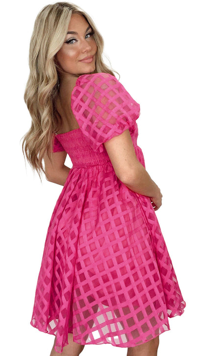 LuckeLadybug strawberry pink babydoll dress with puff sleeves and a flared skirt for a fun summer look