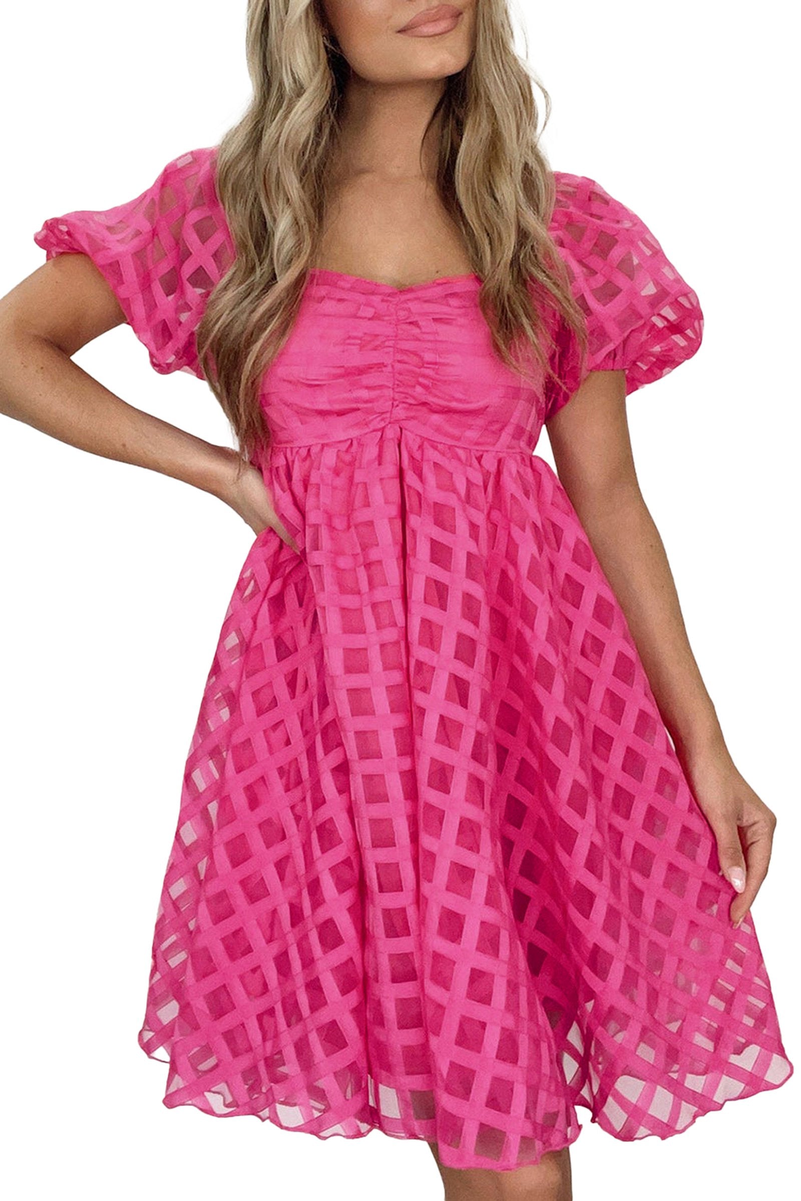 LuckeLadybug strawberry pink babydoll dress with puff sleeves and a stylish grid design