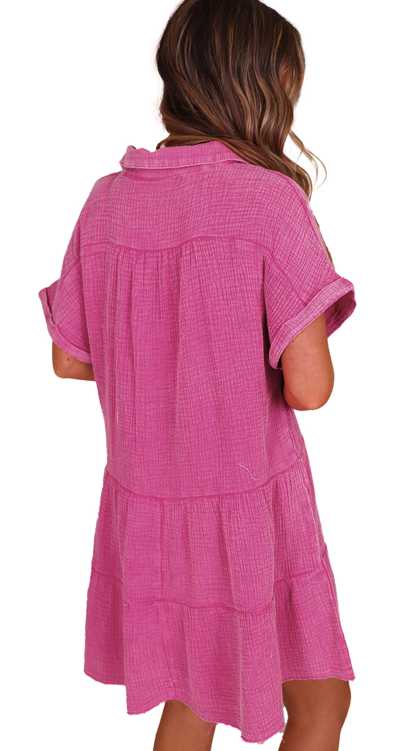LuckeLadybug strawberry pink tiered dress with short sleeves and a relaxed fit