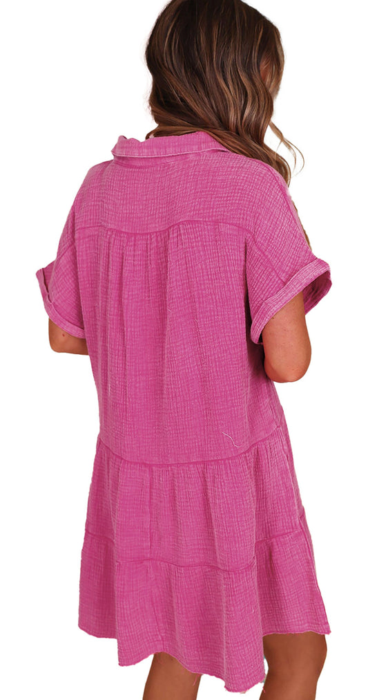 LuckeLadybug strawberry pink tiered dress with short sleeves and a relaxed fit