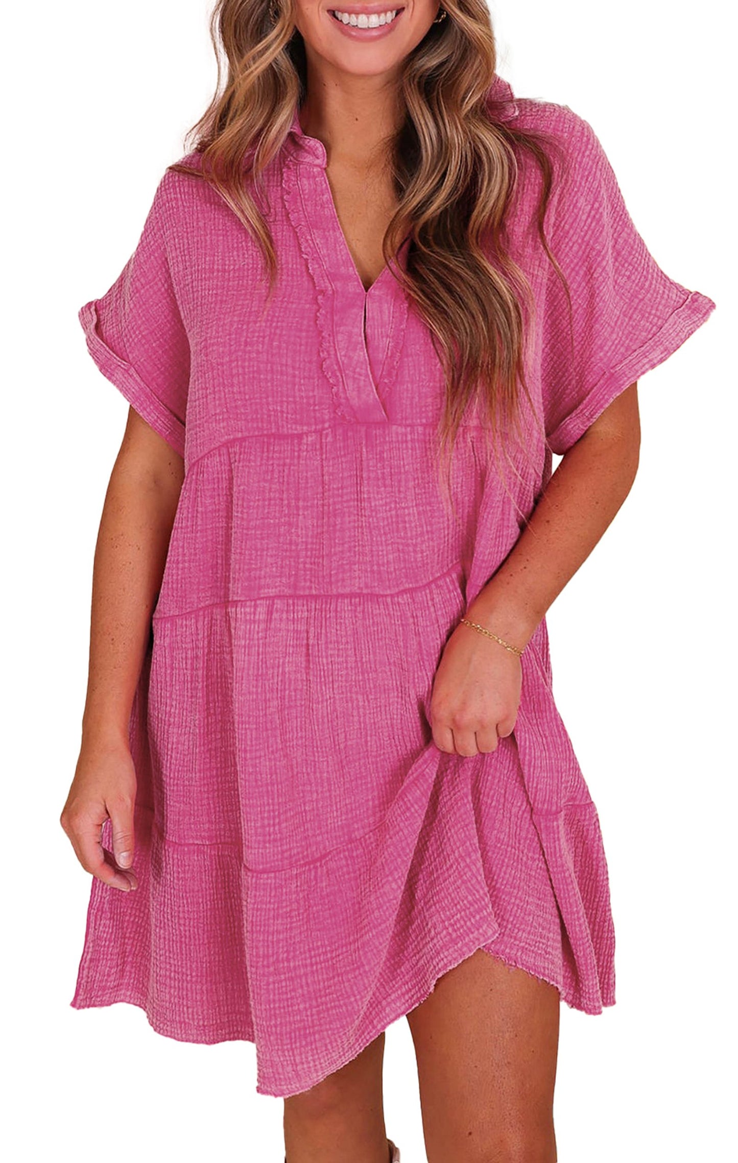 LuckeLadybug strawberry pink tiered dress with short sleeves and relaxed fit for a casual look