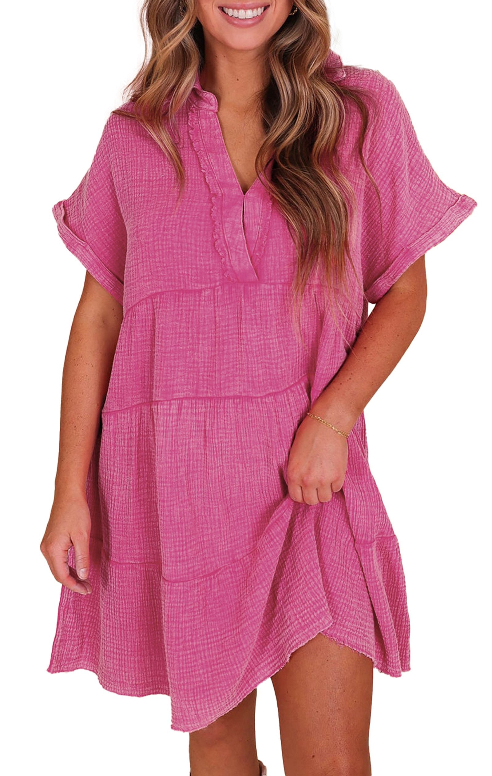 LuckeLadybug strawberry pink tiered dress with short sleeves and relaxed fit for a casual look